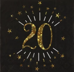 20 Års Servietter Glitter Guld/Sort