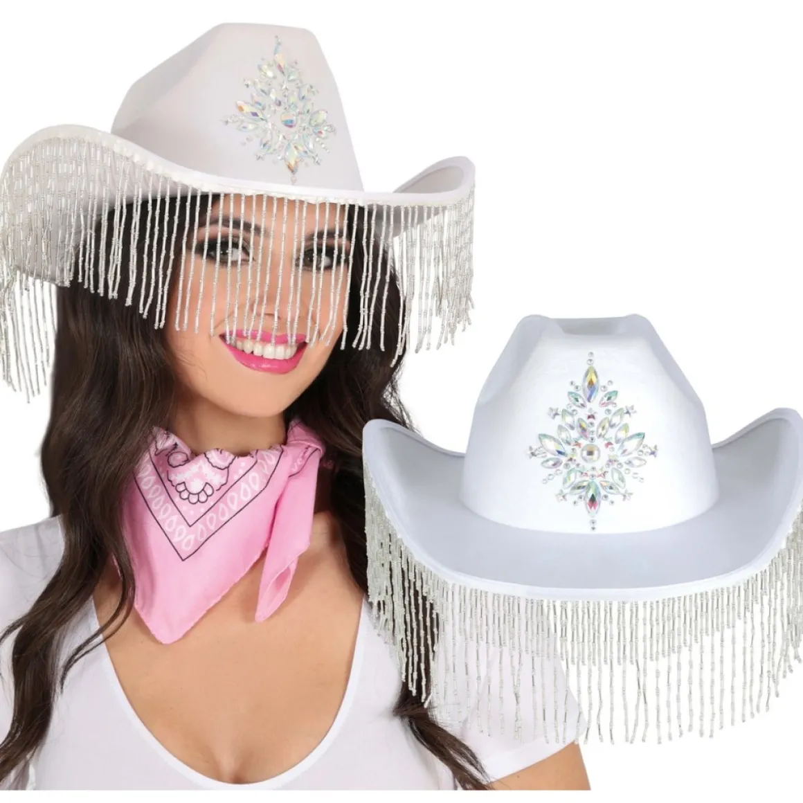 Cowboyhat Med Perlefranser Hvid