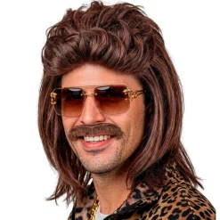 80'er Mullet Paryk Med Overskæg Brun