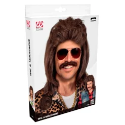 80'er Mullet Paryk Med Overskæg Brun