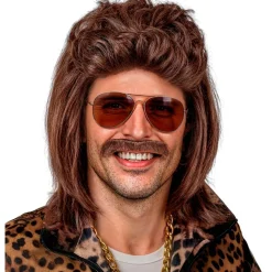 80'er Mullet Paryk Med Overskæg Brun