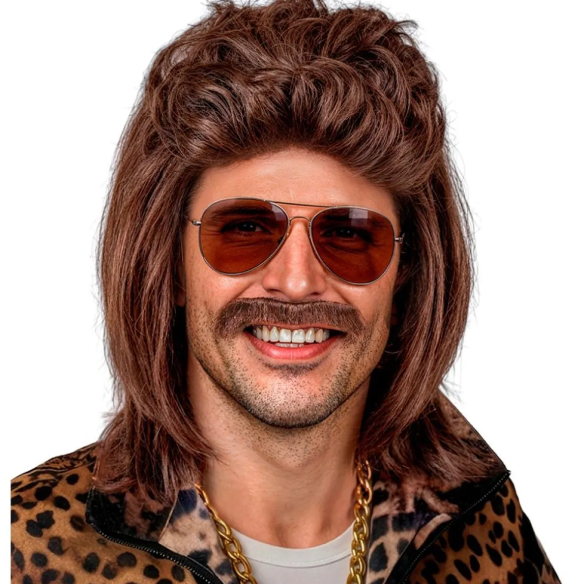 80'er Mullet Paryk Med Overskæg Brun