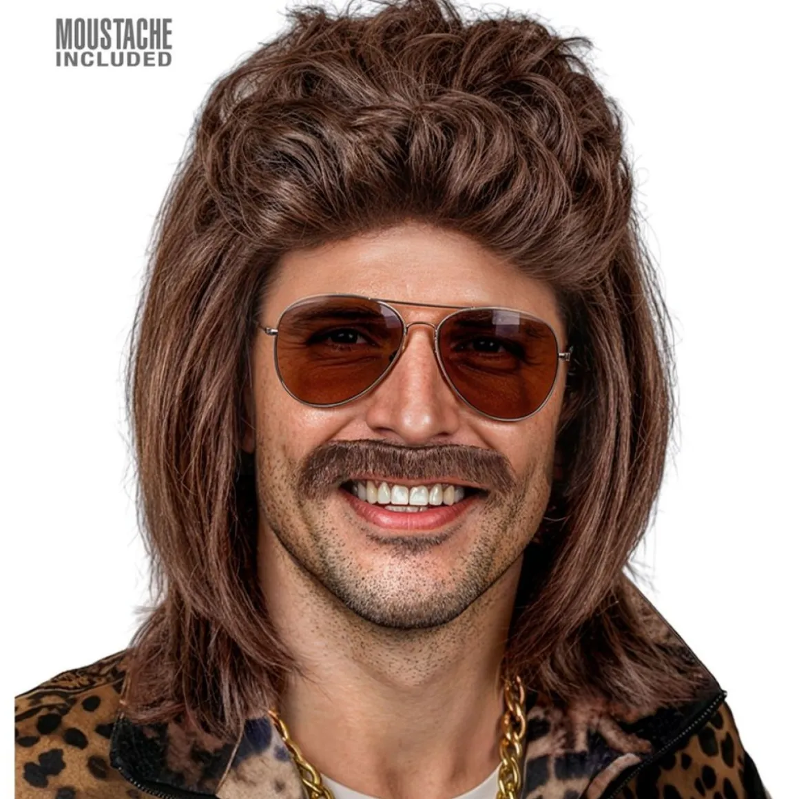 80'er Mullet Paryk Med Overskæg Brun