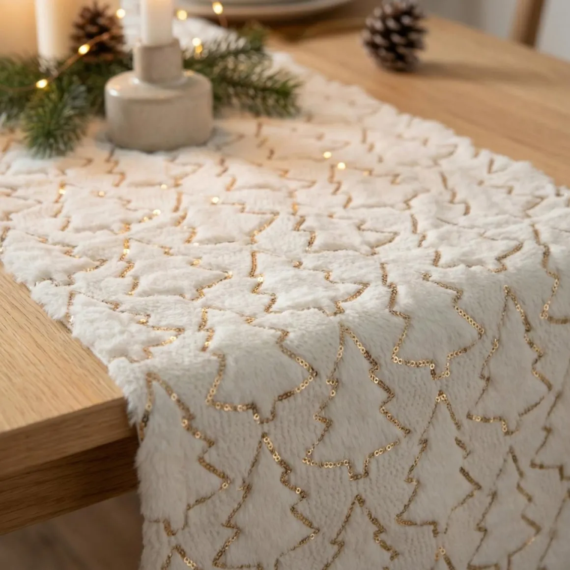 Glitter Juletræ Bordløber Hvid/Guld