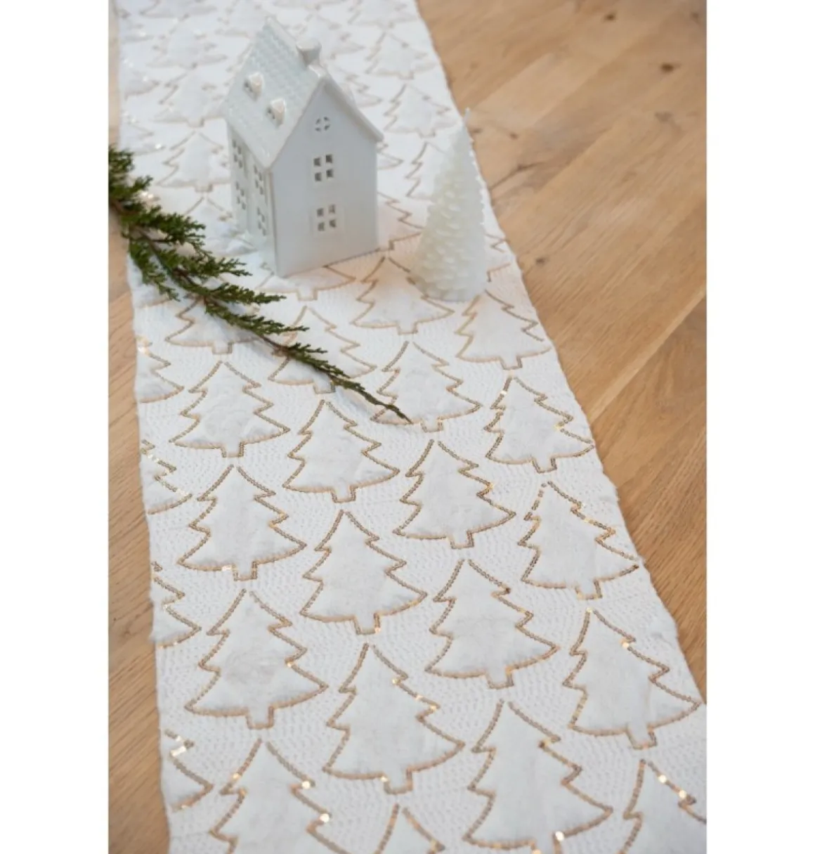 Glitter Juletræ Bordløber Hvid/Guld