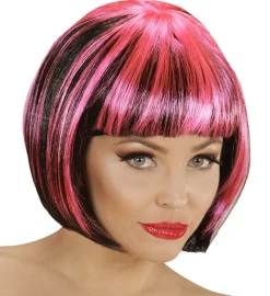 Kort Stribet Paryk Sort/Pink