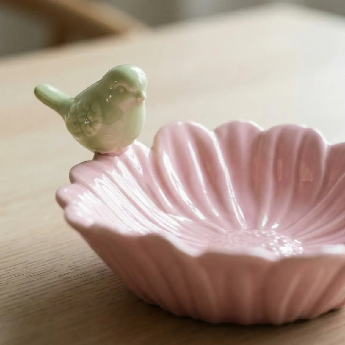 Porcelæn Blomst Skål Med Fugl Lyserød
