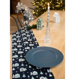 Velour Bordløber Med Julehuse Blå